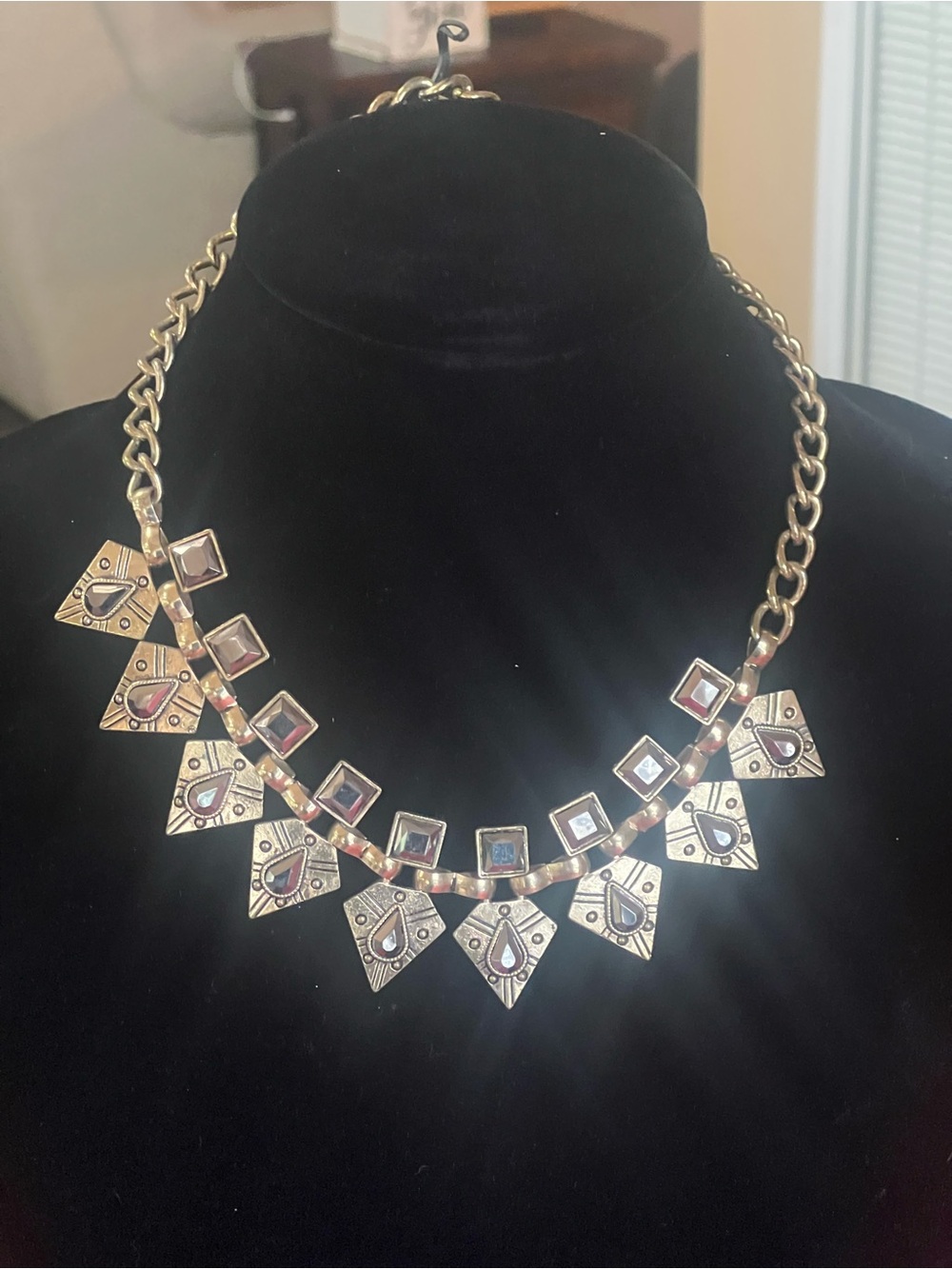 Gold-Tone Geometric Necklace with Black Accent Stones